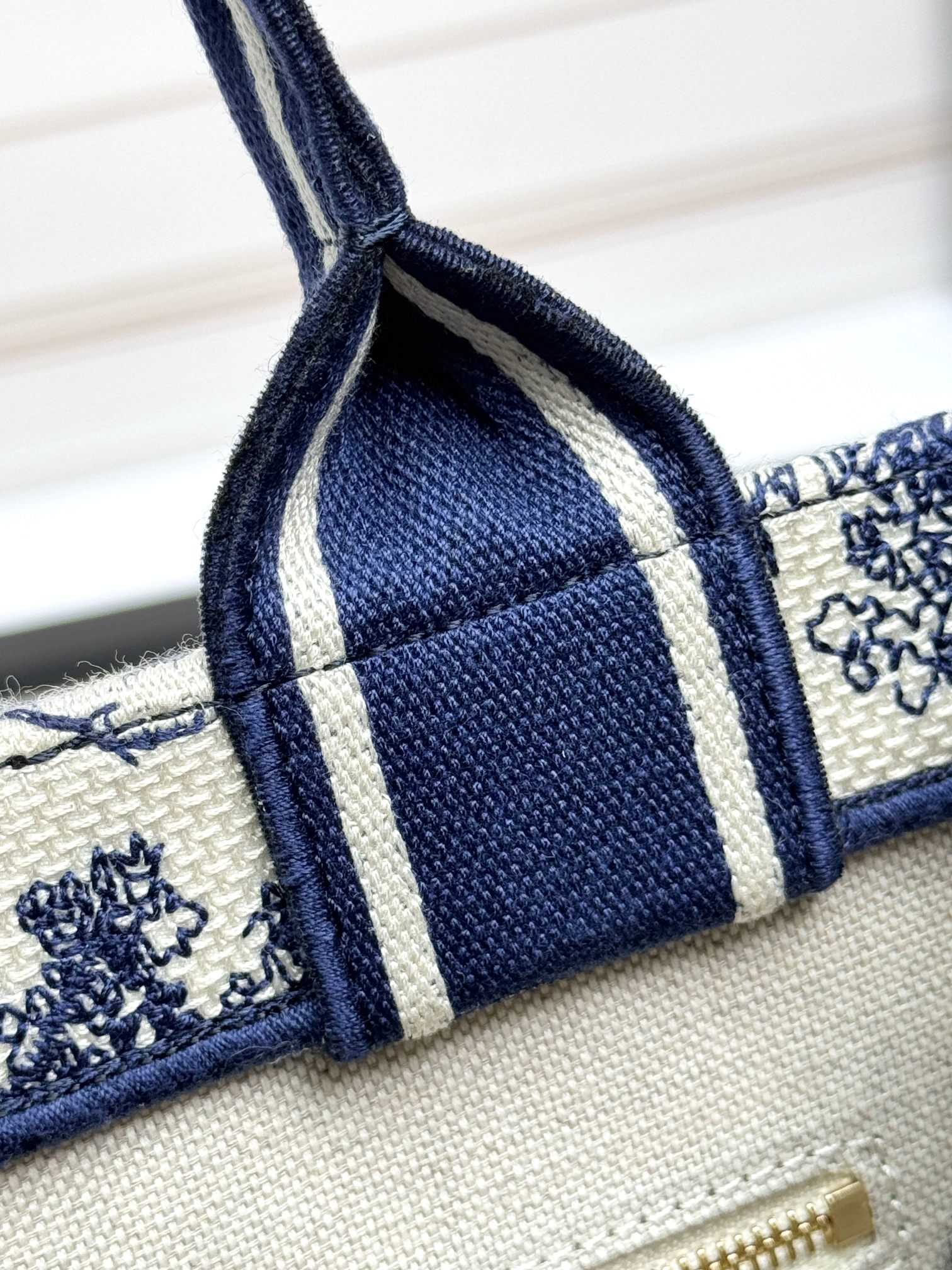 Small Dior Book Tote Bag White and Navy Blue Toile de Jouy Sauvage Embroidery with Navy Blue Calfskin